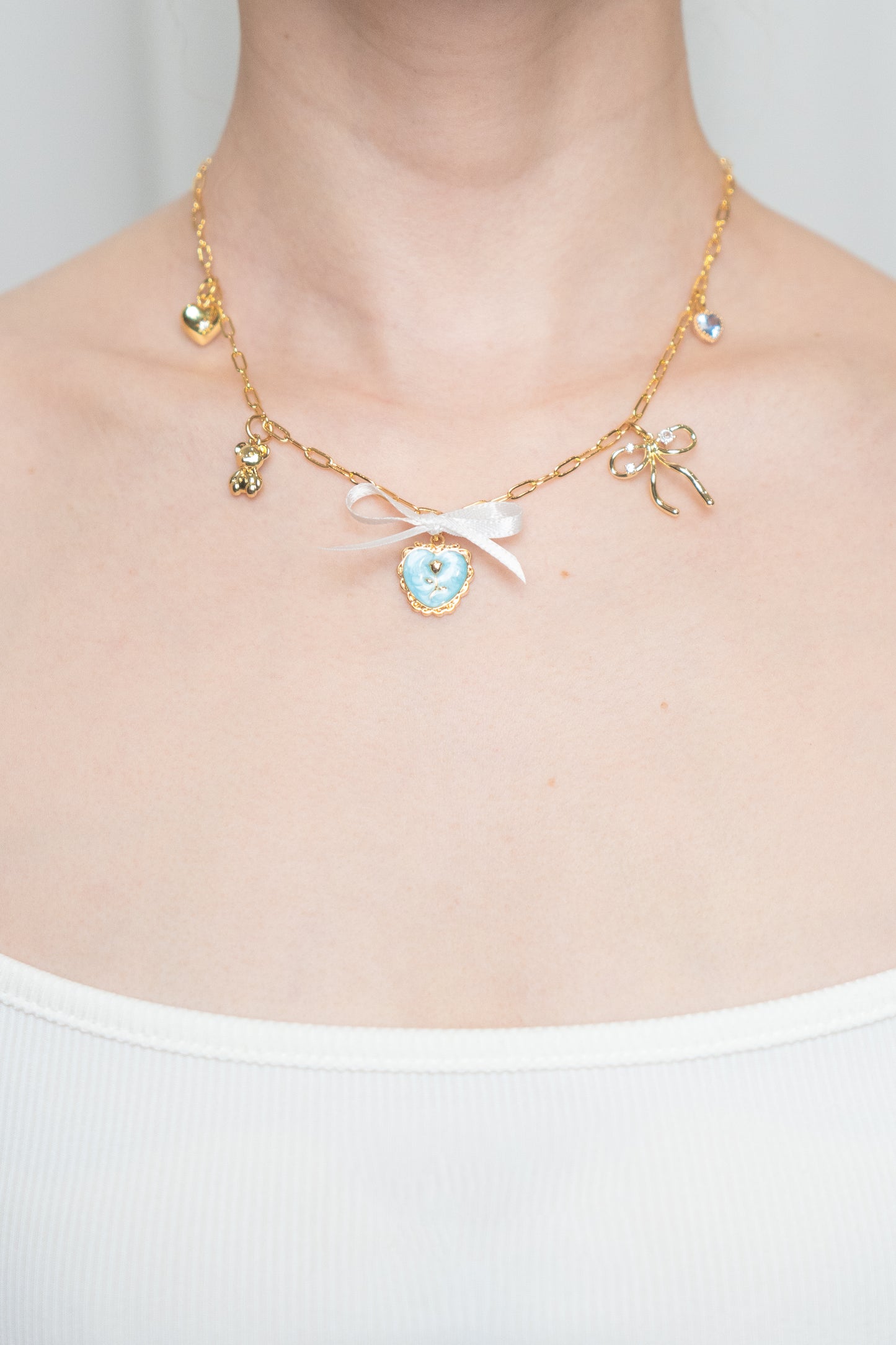 Blue Coquette Charm Necklace with White Bow