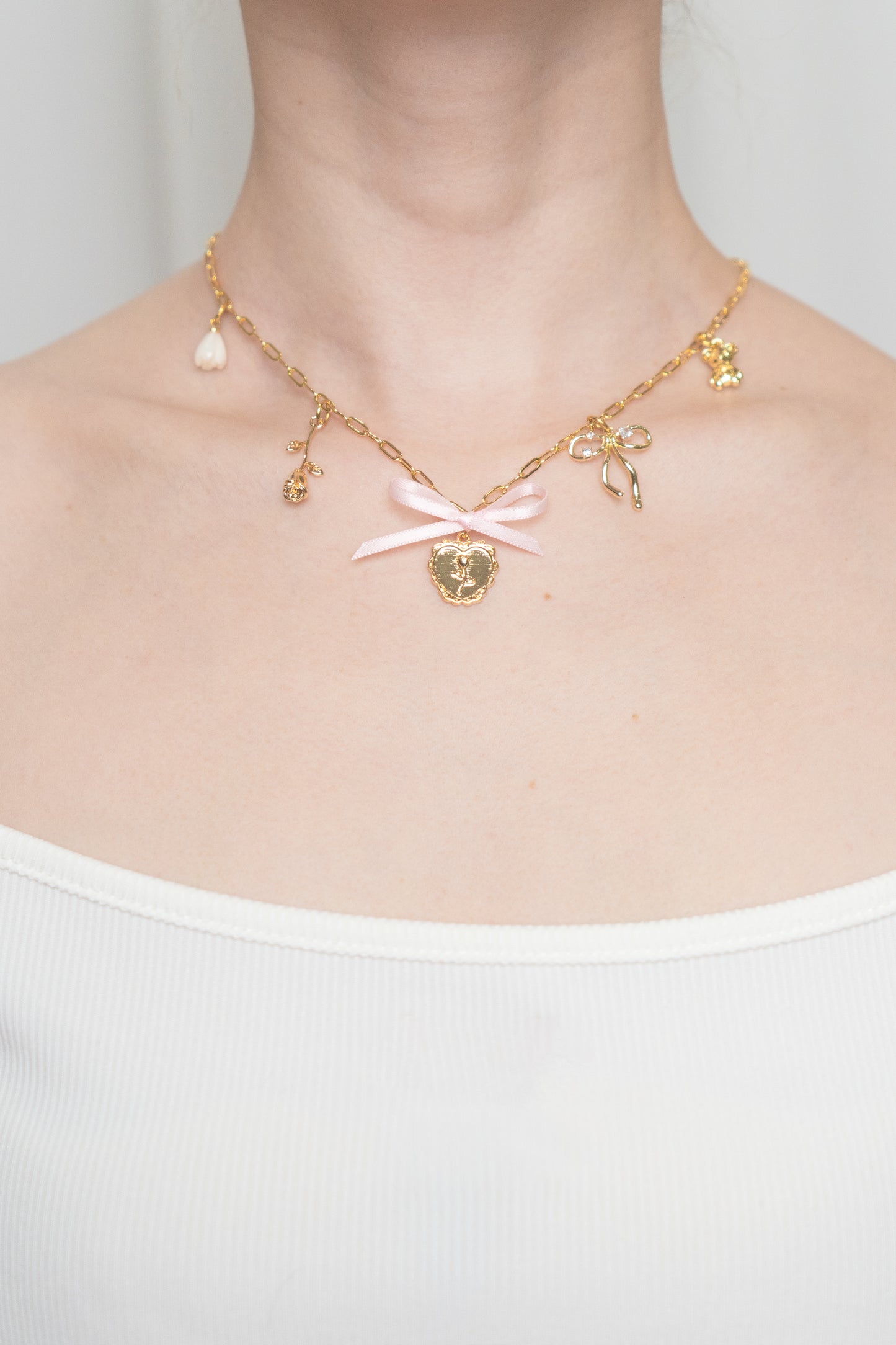 Gold Coquette Charm Necklace with Pink Bow